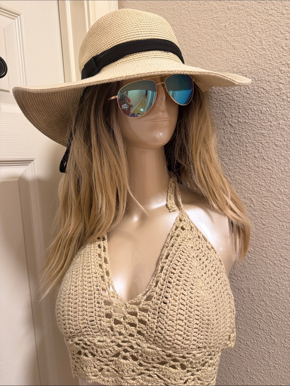 Beige Crochet Halter Camisole Top - Women's Summer Knit
